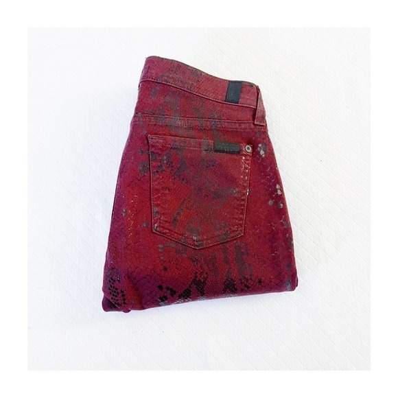 7 For All Mankind Snakeprint Denim Skinny Jeans SZ26 Dark Red - Picture 1 of 8